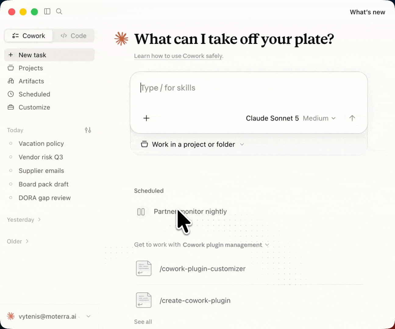 Claude Cowork running privately in a Moterra deployment