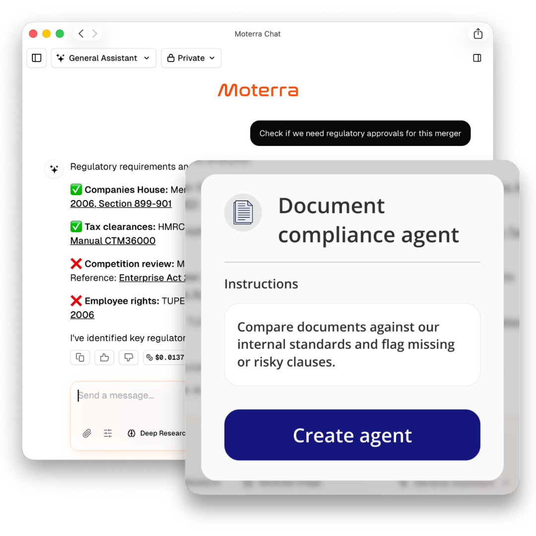 Moterra checking regulatory approvals for a merger, alongside a document compliance agent being created