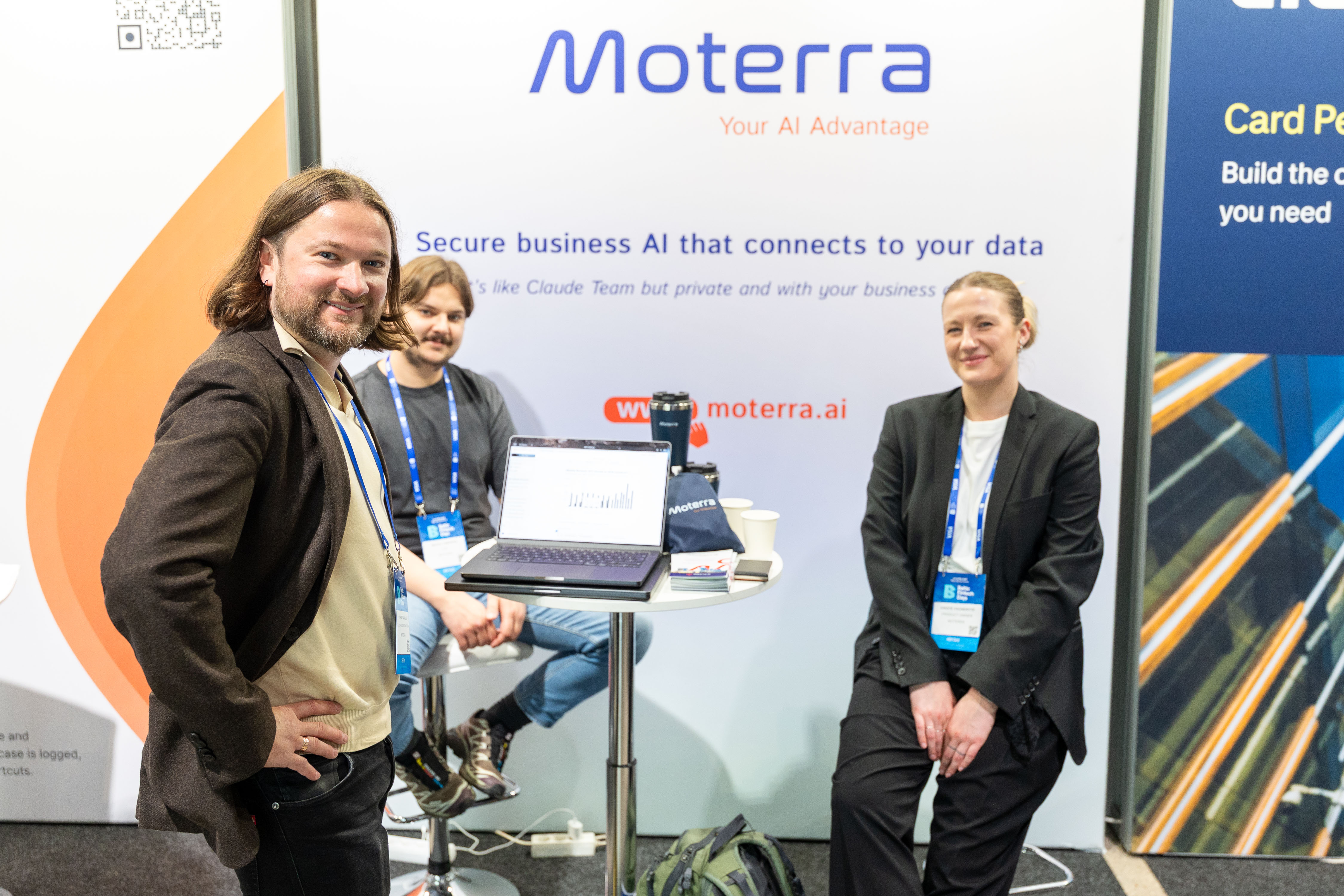 The Moterra team at their stand, showing secure business AI that connects to your data