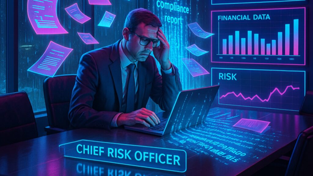 Illustration of a businessman thinking about AI compliance and risks.