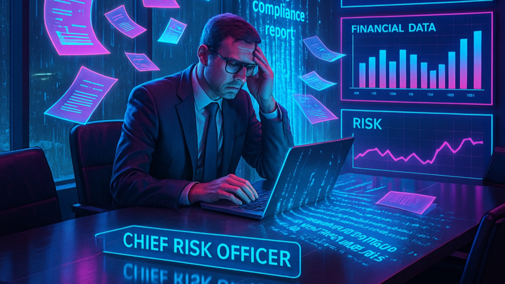 Illustration of a businessman thinking about AI compliance and risks.