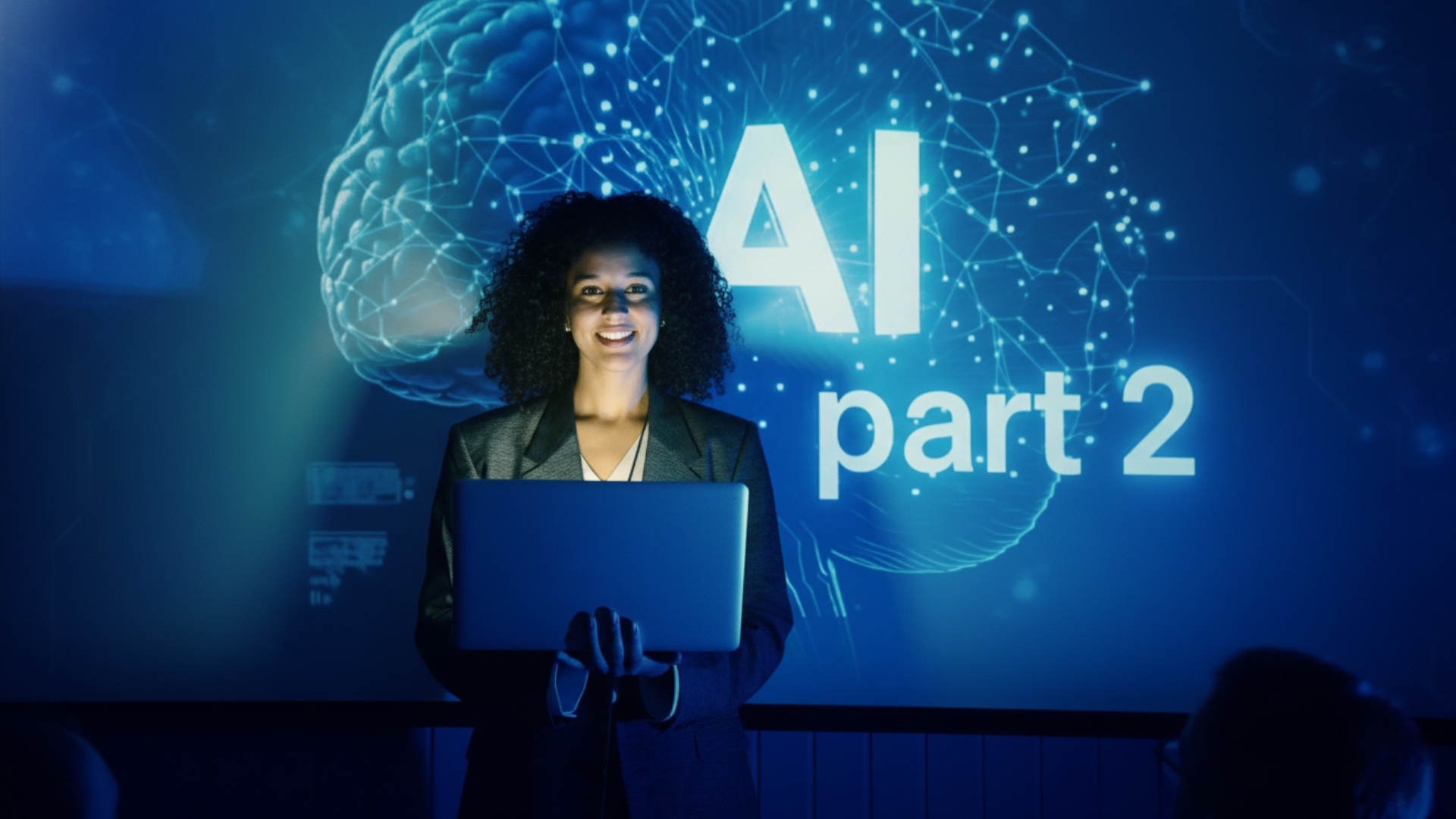 Woman presenting AI map part 2 on a whiteboard.