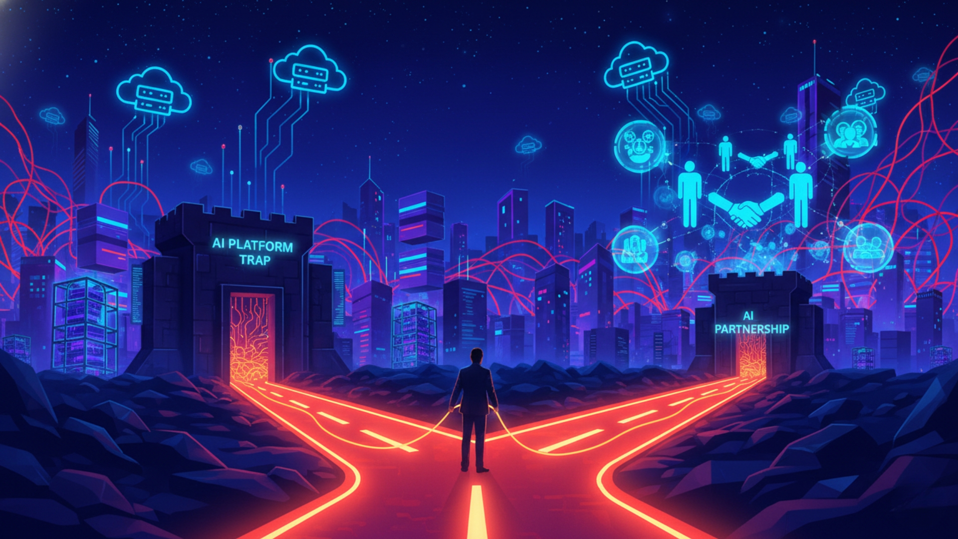 Businessman trying to decide between using an AI platform versus an creating a partnership for AI.