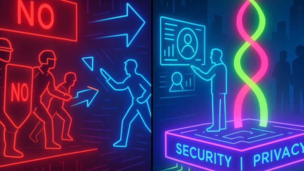 Illustration of businessmen balancing innovation, security, and human connection in banking