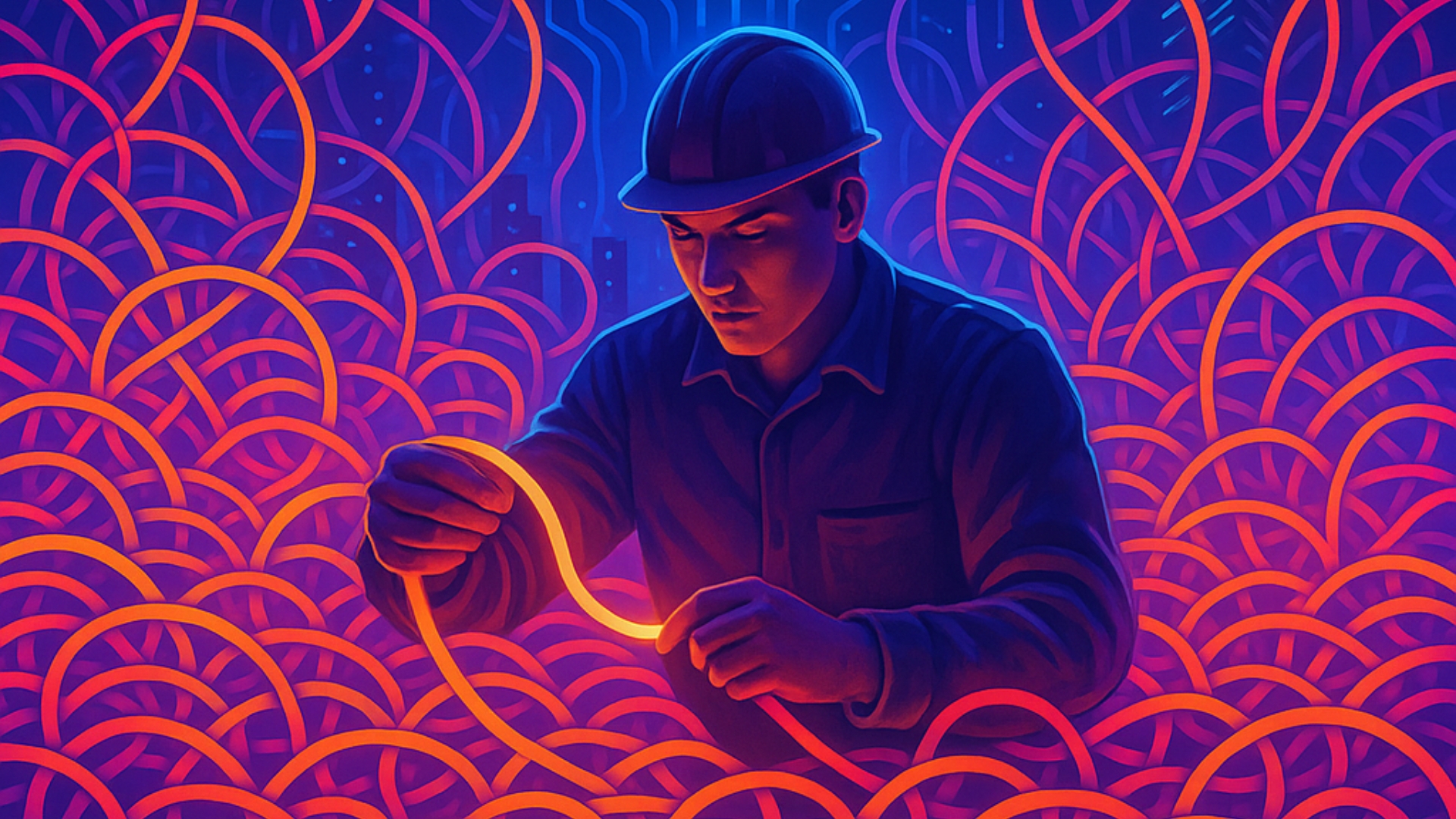 Illustration of a worker untangling analog technology wires.