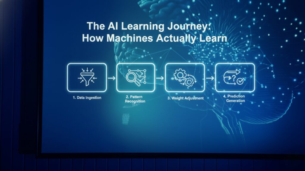 Presentation slide explaining the AI learning process.